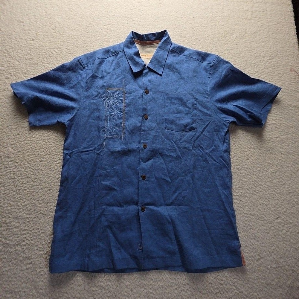 Tommy Bahama Shirt Mens Large Blue Solid 100% Linen Embroidered Camp Button-Up